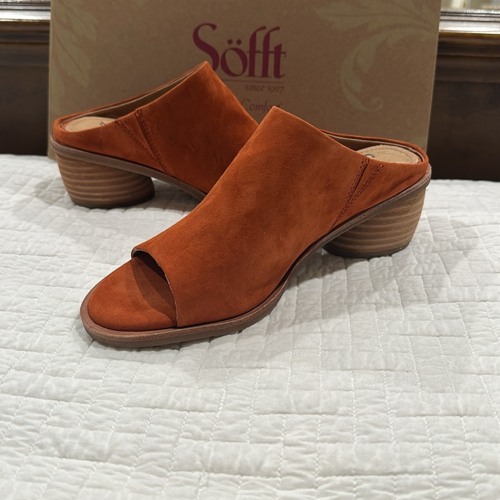 Sofft “Carrey” Suede Peep-Toe Mules